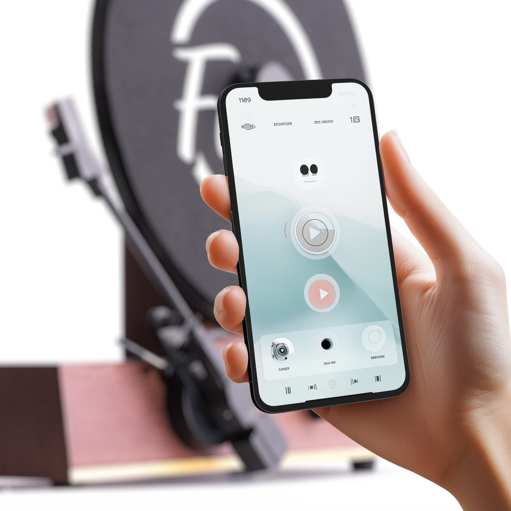 Phone Bluetooth connection beside a Fuse Audio GLD vertical record player
