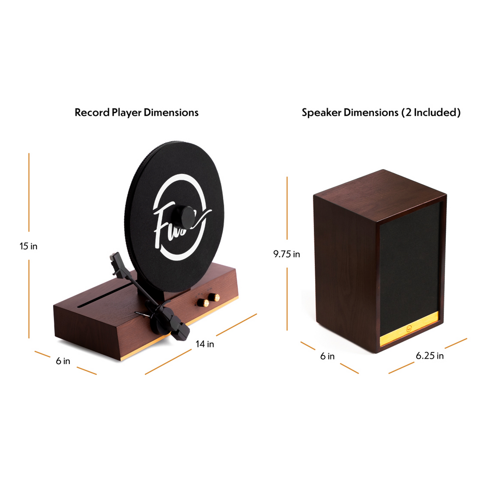Dimensions diagram for the Fuse Audio GLD player and included speakers