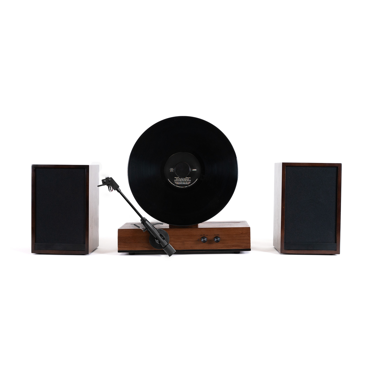 Fuse Audio GLD vertical record player with black trim and two external speakers