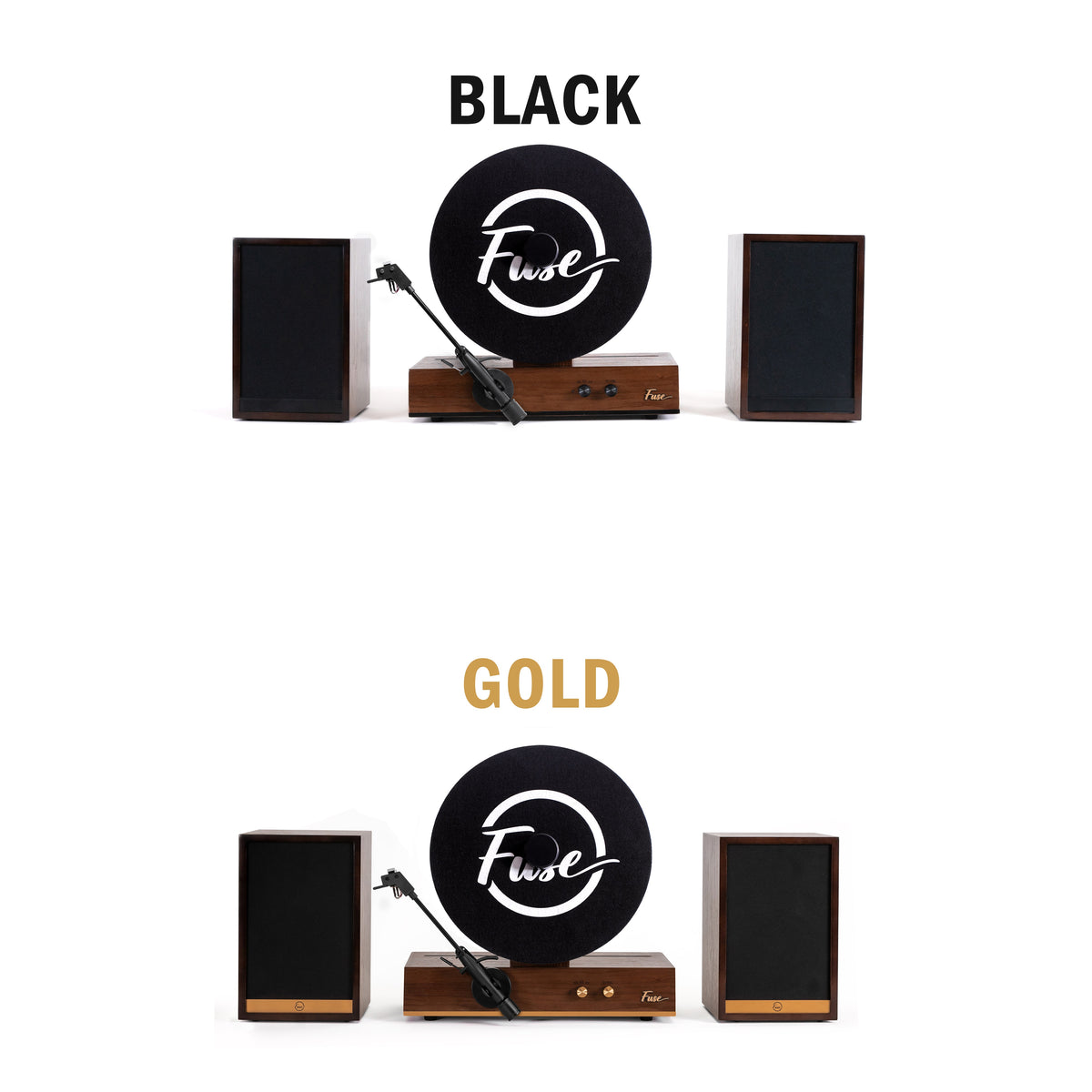 Black and gold trim options for the Fuse Audio GLD vertical record player