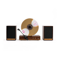 Fuse Audio GLD vertical record player with gold trim and two external speakers